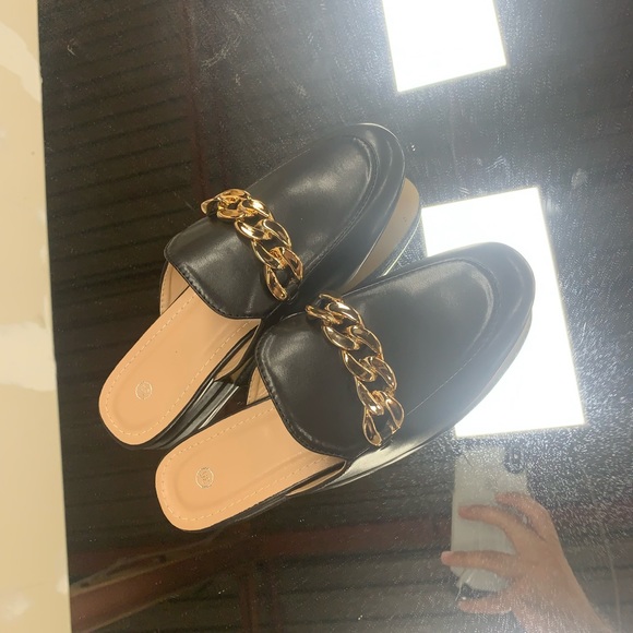 Gold Chain Detail Flat Slip On Mule in Black Faux Leather - Women’s - Picture 4 of 8